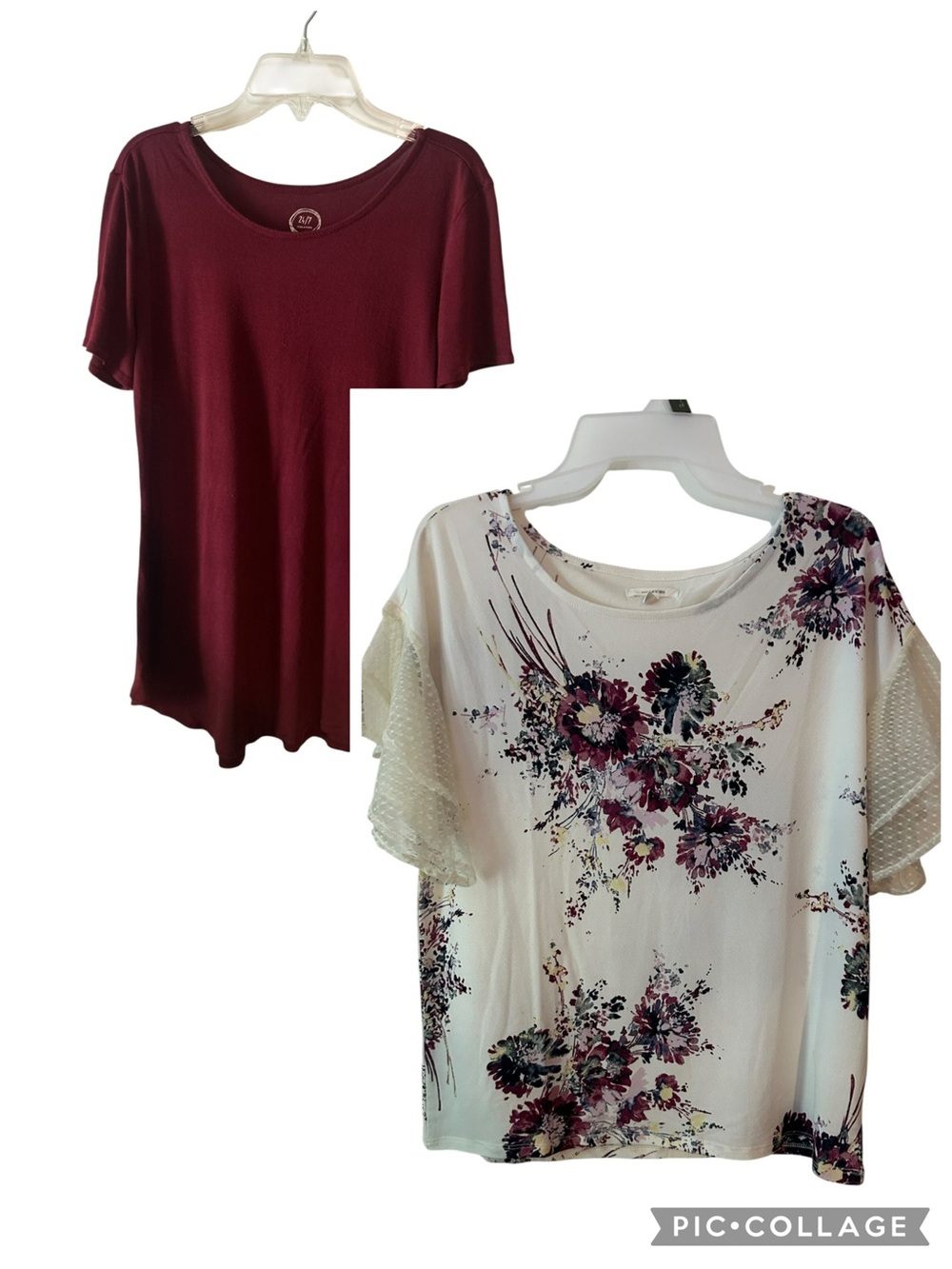 Women’s Short Sleeve Scoop Neck Top Duo — Burgundy & Floral Cream. XS